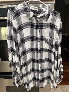 Lane Bryant White and Black Plaid Button Down Shirt